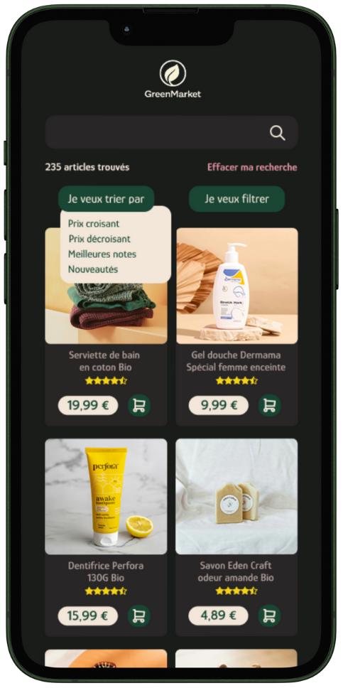 Green Market – mode sombre, tri et filtres